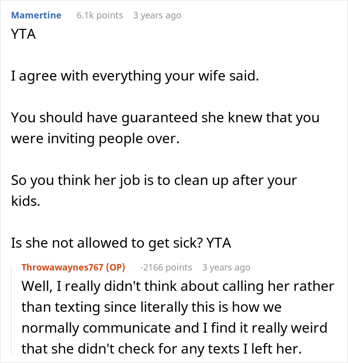 Online forum discussion about a husband blaming his ill wife for not cleaning messy home before guests arrive.