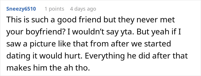 Reddit comment discussing a guy accusing his girlfriend of micro-cheating after finding an old photo of another man.