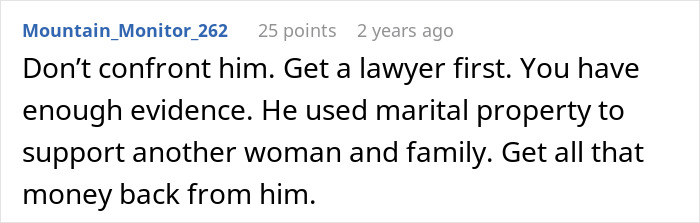 Screenshot of an online comment advising to get a lawyer after a man hides a secret second family using marital property.