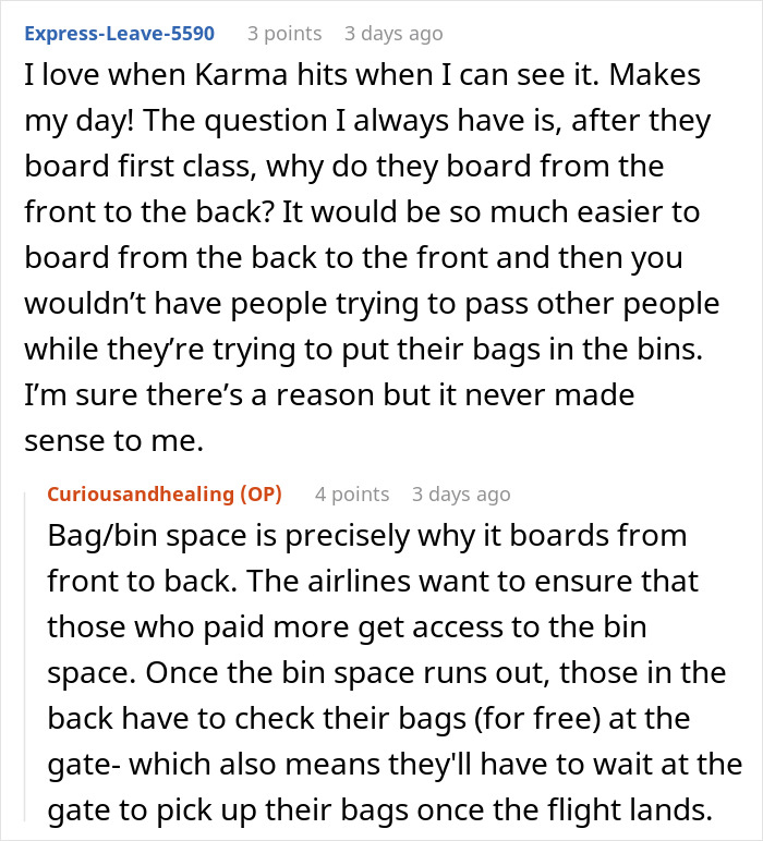 Comment discussion about plane passenger etiquette and boarding process addressing entitlement and proper cueing behavior. Comment discussion about plane passenger etiquette and boarding process addressing entitlement and proper cueing behavior.