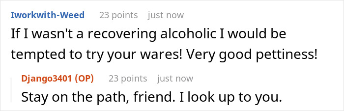 Comment exchange where a friend responds to a wine sample insult with encouragement and respect.