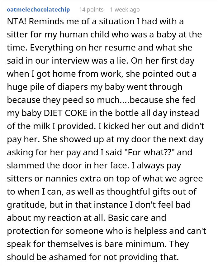 Reddit comment detailing a cat-sitter dispute emphasizing refusal to pay related to cat-sitter issues and care concerns.