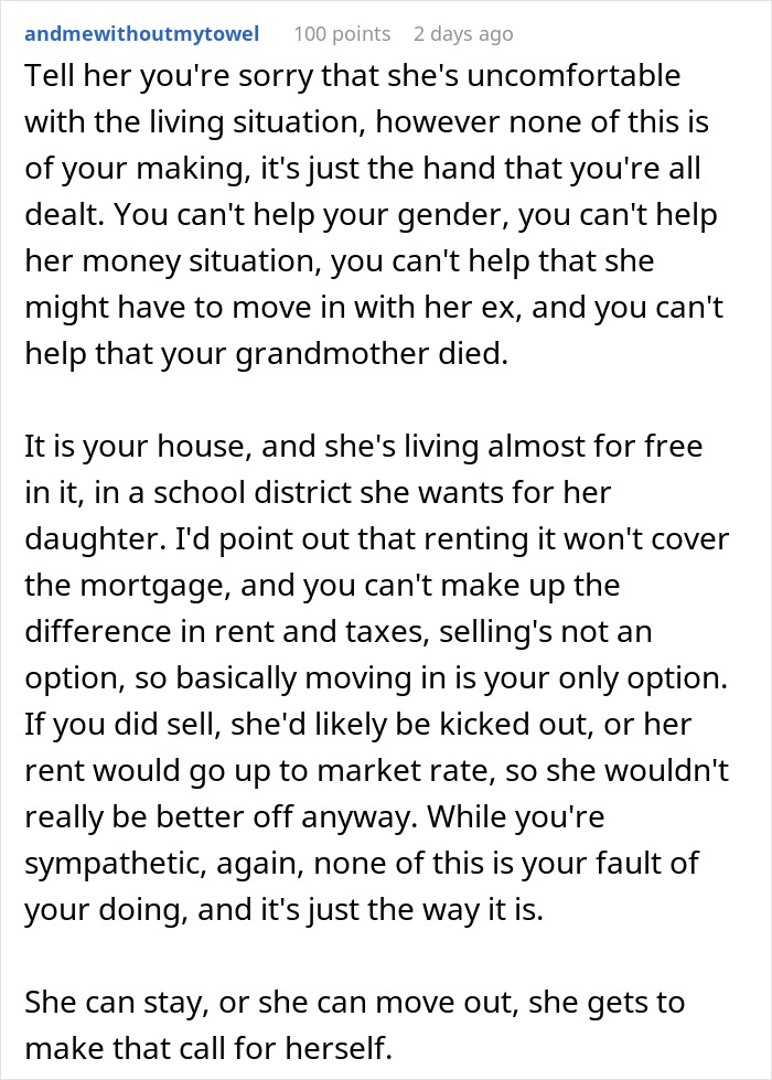 Screenshot of a Reddit comment discussing a tenant&rsquo;s difficult living situation in a house inherited by the man.