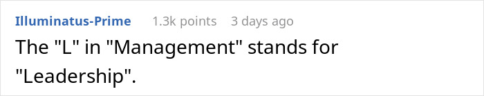 Screenshot of a Reddit comment humorously defining the L in management as leadership in a casual discussion.