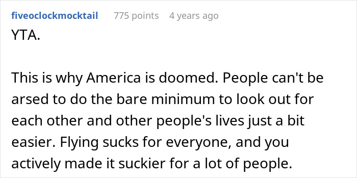 Reddit comment criticizing someone for not switching seats with a mother on an airplane and ignoring her children.