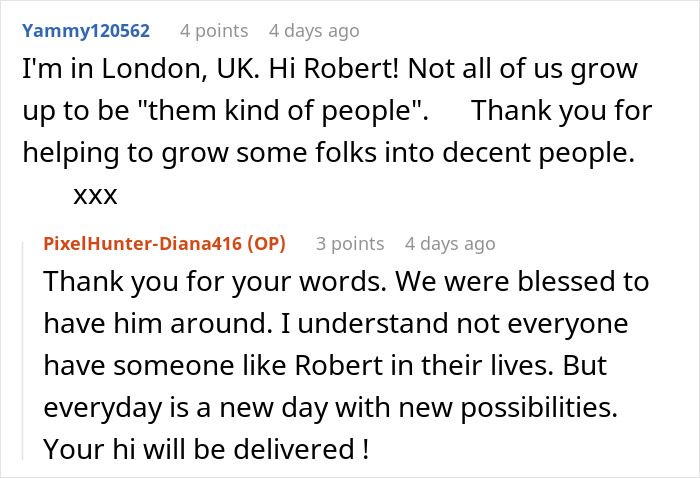 Alt text: Online comment exchange about a childhood friend who robbed a kind old man and was tracked down and turned in.