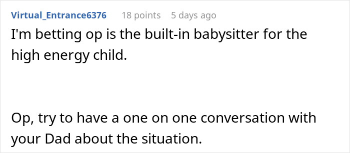 Commenter advising a 22-year-old to confront dad about his girlfriend wanting a 10-year-old to live with them.