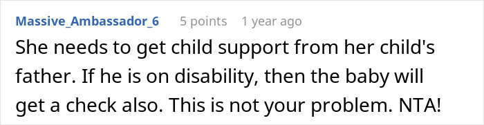 Comment about child support in a discussion where a woman throws a fit when sibling refuses to babysit her child.