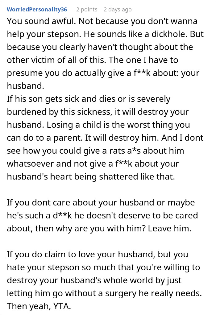 Text comment from user WorriedPersonality36 discussing emotional impact of stepson’s surgery and husband’s feelings in AITAH responding to husband about paying. Text comment from user WorriedPersonality36 discussing emotional impact of stepson’s surgery and husband’s feelings in AITAH responding to husband about paying.