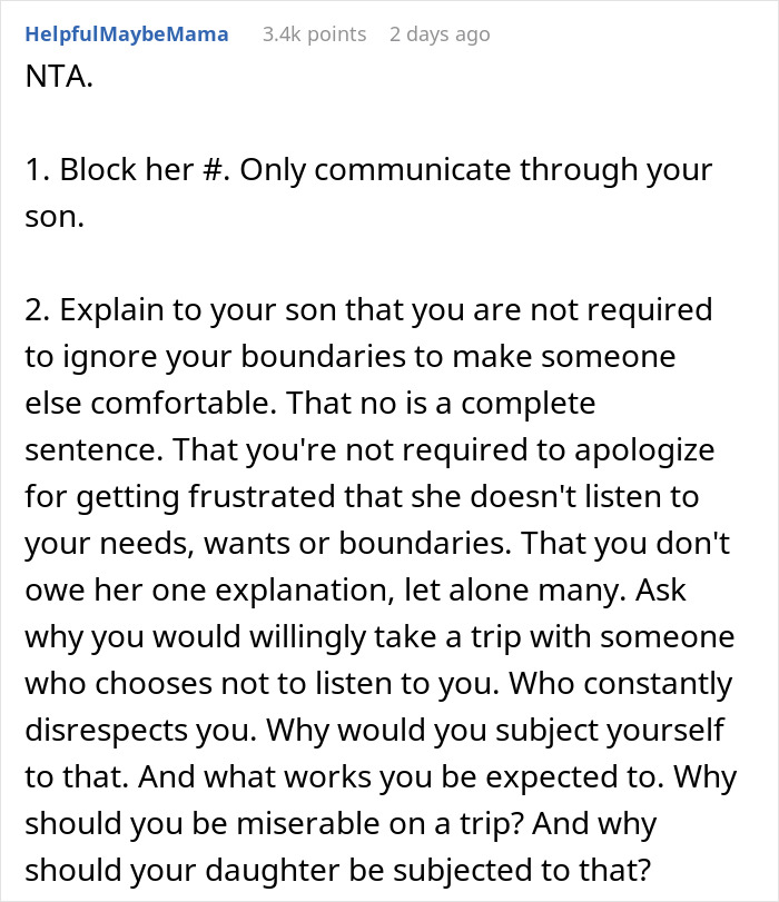 Reddit comment giving advice on maintaining boundaries between daughter-in-law and mother-in-law relationships.