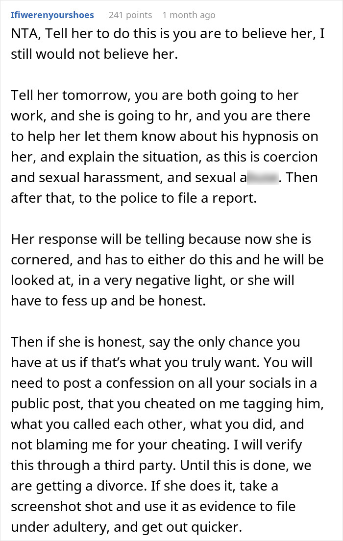 Forum advice discussing a wife who cheats on husband, claiming mind control as an unbelievable excuse and steps to handle it.