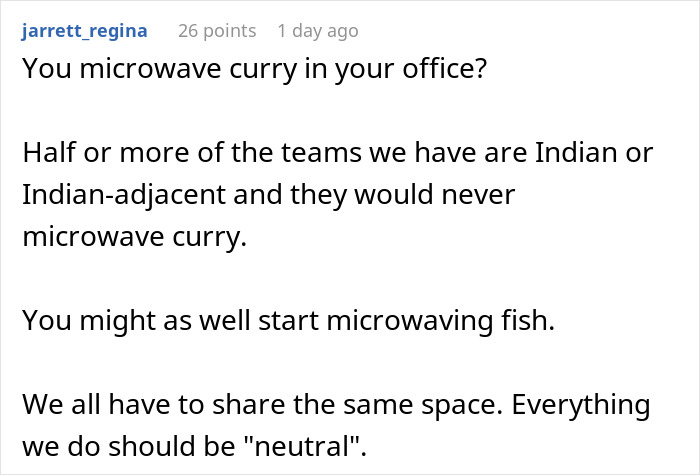 Comment discussing coworker complaints about woman&rsquo;s lunch smelling too real and demands to eat protein bars instead.
