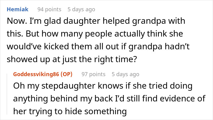 Comments discussing trust and secrets involving a friend stepdaughter at a pool party setting.