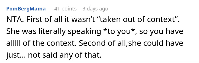 Screenshot of a forum comment where a user explains refusal to babysit niece due to sister-in-law's rudeness and context disputes. Screenshot of a forum comment where a user explains refusal to babysit niece due to sister-in-law's rudeness and context disputes.