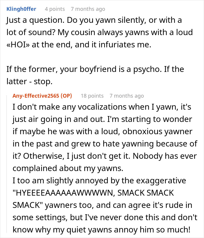 Reddit conversation about man who hates yawning and elbows sleeping fianc&eacute;e, causing her to snap and leave the bedroom.