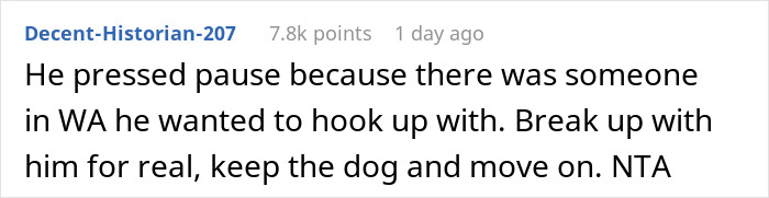 Comment about man disappearing for weeks and angry partner adopting a dog despite his allergy discussed online.