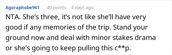 Comment from Agoraphobe961 advising to stand ground during mil-daughter-surprise-vacation over a three-year-old&rsquo;s memories.