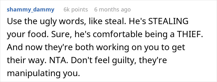Comment discussing a roommate calling a woman stingy for refusing to share homemade meals with her boyfriend. Comment discussing a roommate calling a woman stingy for refusing to share homemade meals with her boyfriend.
