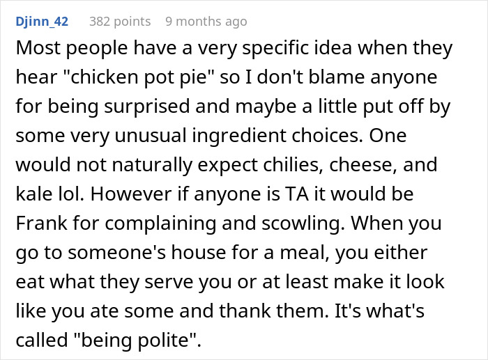 Screenshot of a Reddit comment discussing unusual chicken pot pie ingredients causing a family disagreement.