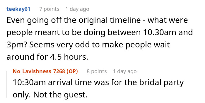 Screenshot of a Reddit conversation discussing chaotic wedding timing and guest arrival confusion on a Sims-like wedding event.