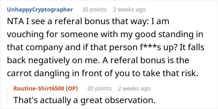 Reddit comments discussing referral bonus fairness after a guy landed a good job thanks to an ex-colleague&rsquo;s referral.