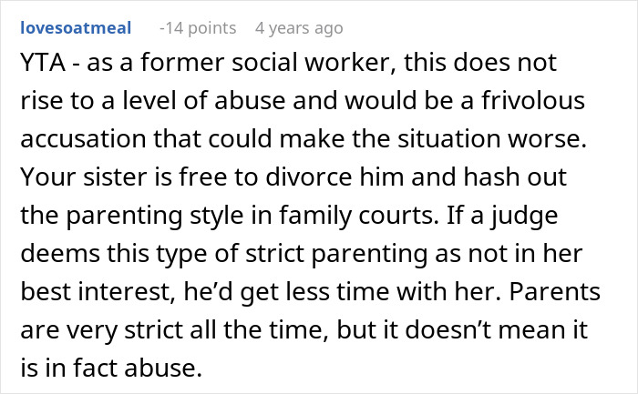 User comment discussing strict parenting and the debate on calling CPS after learning about niece&rsquo;s home life.