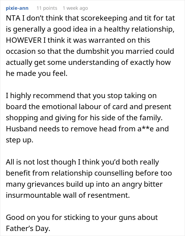 Reddit comment advising a wife on emotional labor and relationship counseling after husband skips her first Mother&rsquo;s Day.