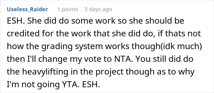 Comment discussing a woman at risk of not graduating after failing to contribute to a shared thesis project.