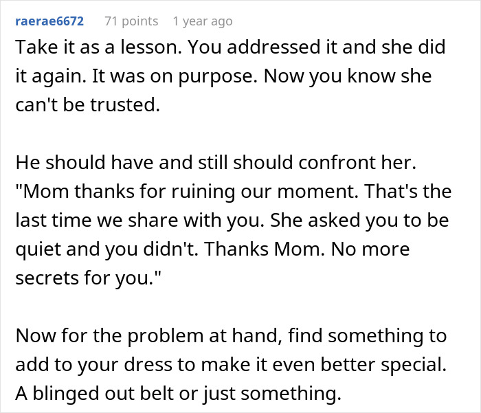Screenshot of an online comment discussing a wedding dress surprise ruined by loud comments from the mother-in-law.