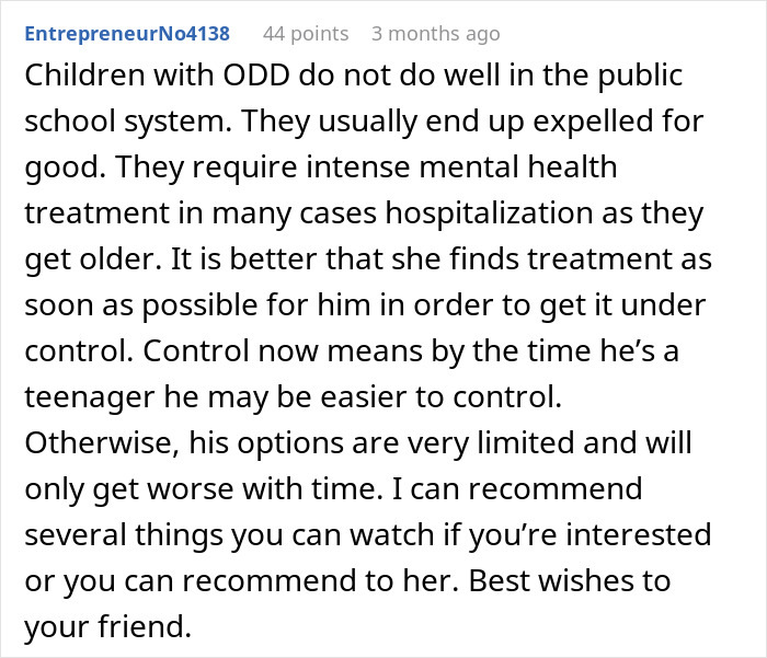 Comment discussing a child with ODD and challenges babysitters face, highlighting discrimination concerns by a mother.