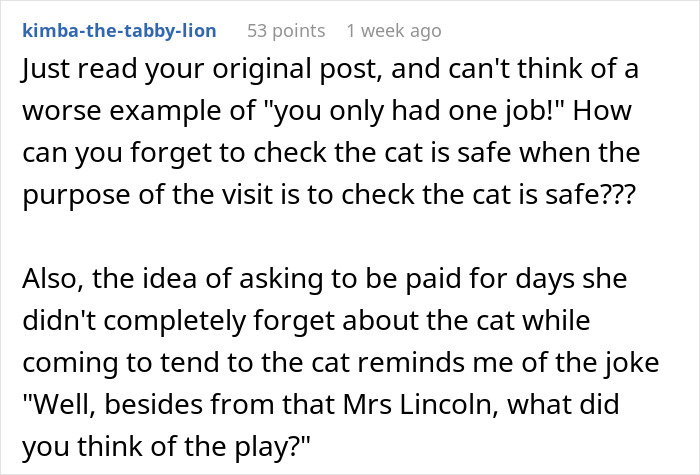 Reddit comment discussing a cat-sitter forgetting to check the cat's safety and refusing to pay the cat-sitter.
