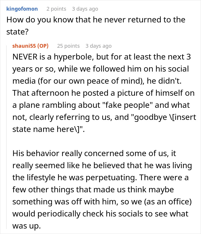 Reddit discussion about an influencer marketing coworker whose false lifestyle eventually fell apart in an office setting.