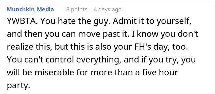Reddit comment discussing bride wanting to exclude best man from photos due to his outfit at stereotypical American wedding.