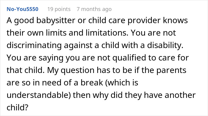 Comment discussing babysitter limits and qualifications when refusing to watch a specific child, addressing discrimination concerns.