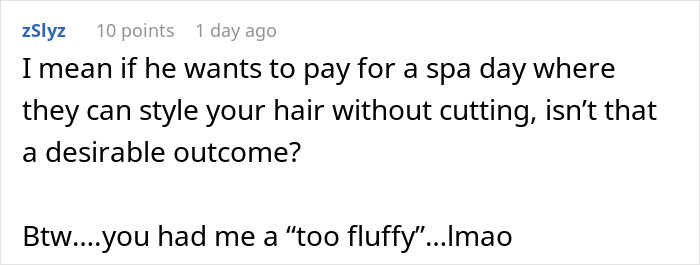 Comment expressing opinion on styling hair without cutting for boyfriend&rsquo;s mom's party, mentioning &ldquo;too fluffy&rdquo; hair description.