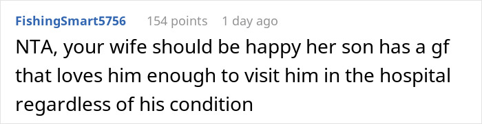 Comment on a forum mentioning a wife’s reaction to her son’s girlfriend kissing him after an accident, highlighting hospital visit support. Comment on a forum mentioning a wife’s reaction to her son’s girlfriend kissing him after an accident, highlighting hospital visit support.