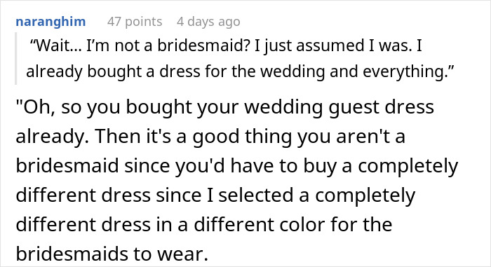 Text message exchange about a self-appointed bridesmaid who was cut from the bridal party and unwanted as wedding planner. Text message exchange about a self-appointed bridesmaid who was cut from the bridal party and unwanted as wedding planner.