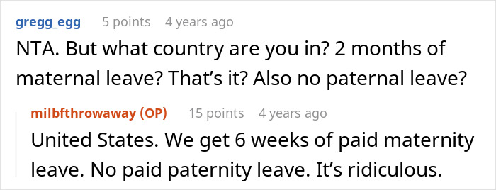 Screenshot of a discussion about maternity and paternity leave in the United States on a social media platform.