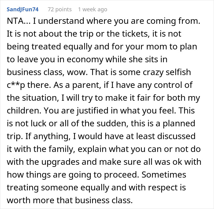 Reddit comment discussing family vacation conflict over one kid upgraded to business class while the other stays in economy. Reddit comment discussing family vacation conflict over one kid upgraded to business class while the other stays in economy.