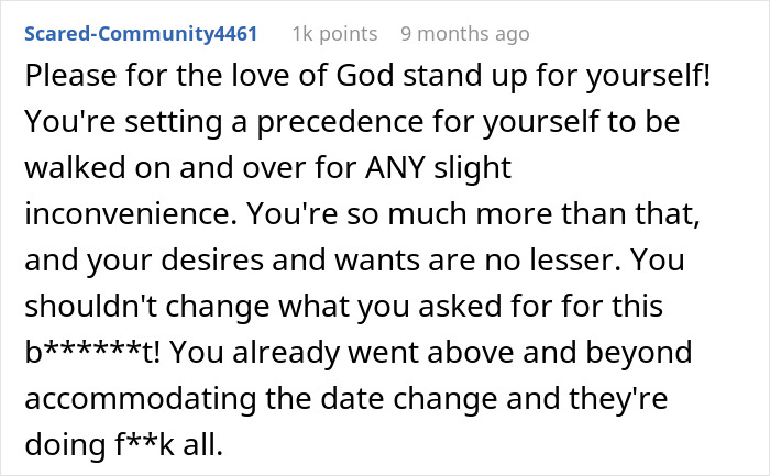 Screenshot of a Reddit comment urging someone to stand up for themselves after sister sabotaged birthday dinner plans. Screenshot of a Reddit comment urging someone to stand up for themselves after sister sabotaged birthday dinner plans.