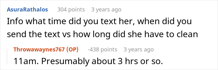 Screenshot of a Reddit conversation discussing timing related to cleaning in a messy home situation involving an ill wife.