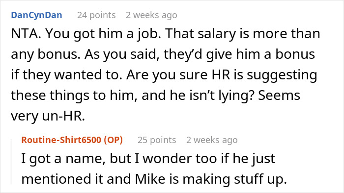 Reddit comments discussing a man landing a good job thanks to an ex-colleague and the referral bonus dispute.