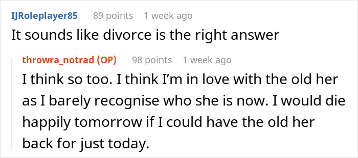 Screenshot of a Reddit thread discussing a husband&rsquo;s reaction to his wife wanting to be a tradwife.