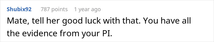 Screenshot of a Reddit comment discussing a man unsure how to handle evidence found by a PI about his partner.