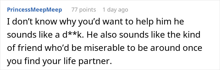 Screenshot of a Reddit comment criticizing a man who only wants to date influencer-like women, with a friend giving a reality check. Screenshot of a Reddit comment criticizing a man who only wants to date influencer-like women, with a friend giving a reality check.