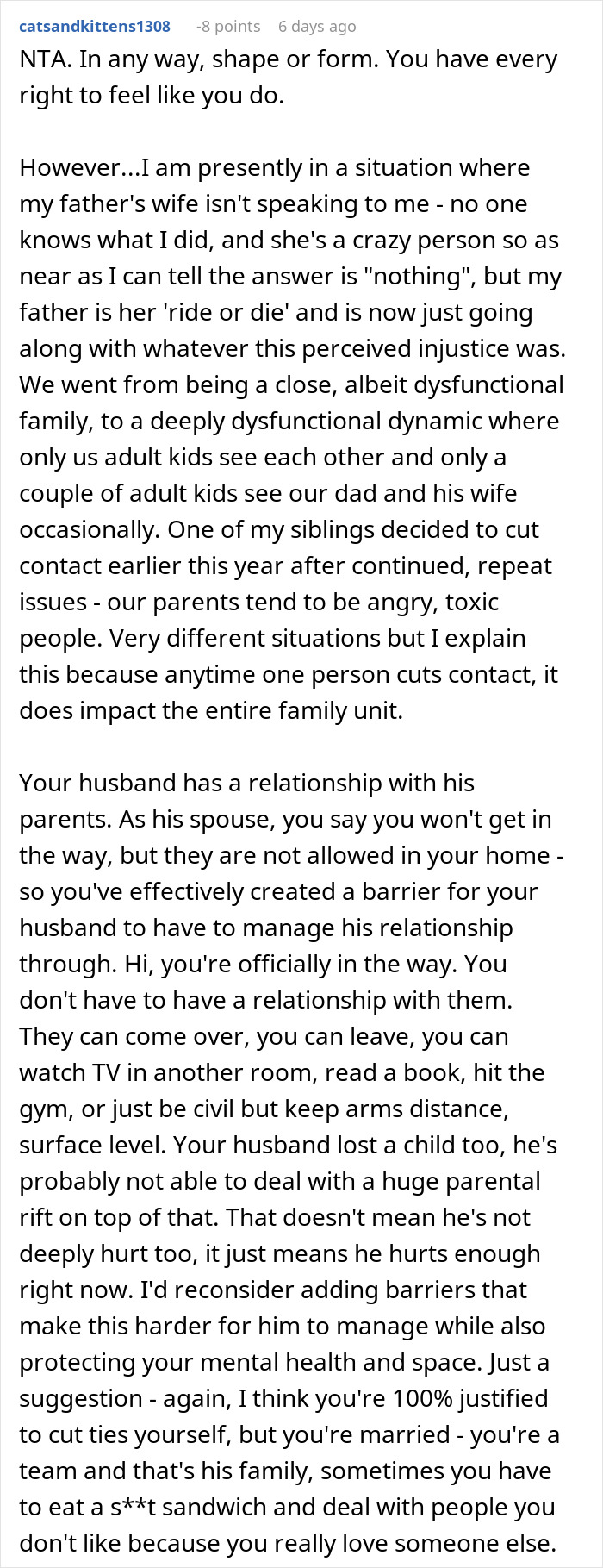 Comment discussing family conflicts after woman cuts contact with in-laws who didn&rsquo;t visit dying granddaughter.