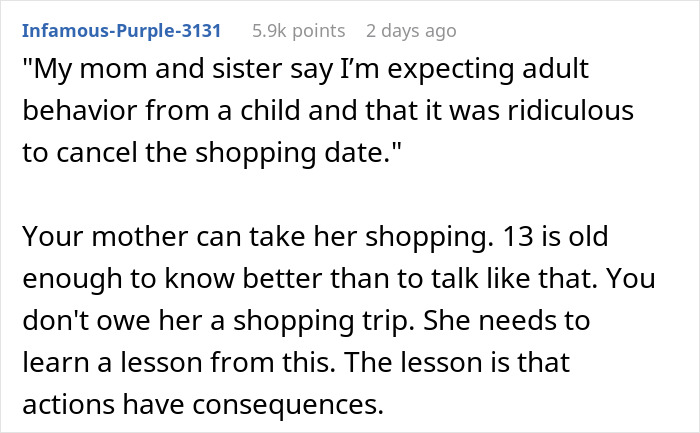 Text post discussing a teen niece calling aunt fat and ugly and the canceled shopping trip consequences.