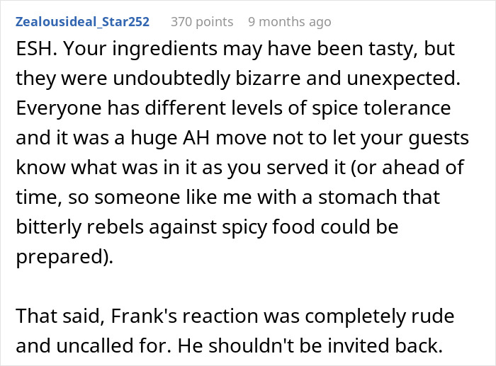 Comment explaining brother-in-law walking out after host serves a unique spin on classic chicken pot pie at family gathering.