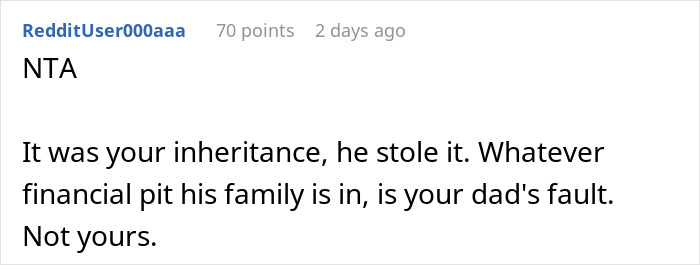 Reddit comment discussing woman taking dad to court over $100K stolen inheritance, leaving him financially broke.