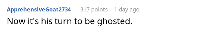 Screenshot of a Reddit comment saying "Now it's his turn to be ghosted," related to a man disappearing and partner adopting a dog despite allergies.